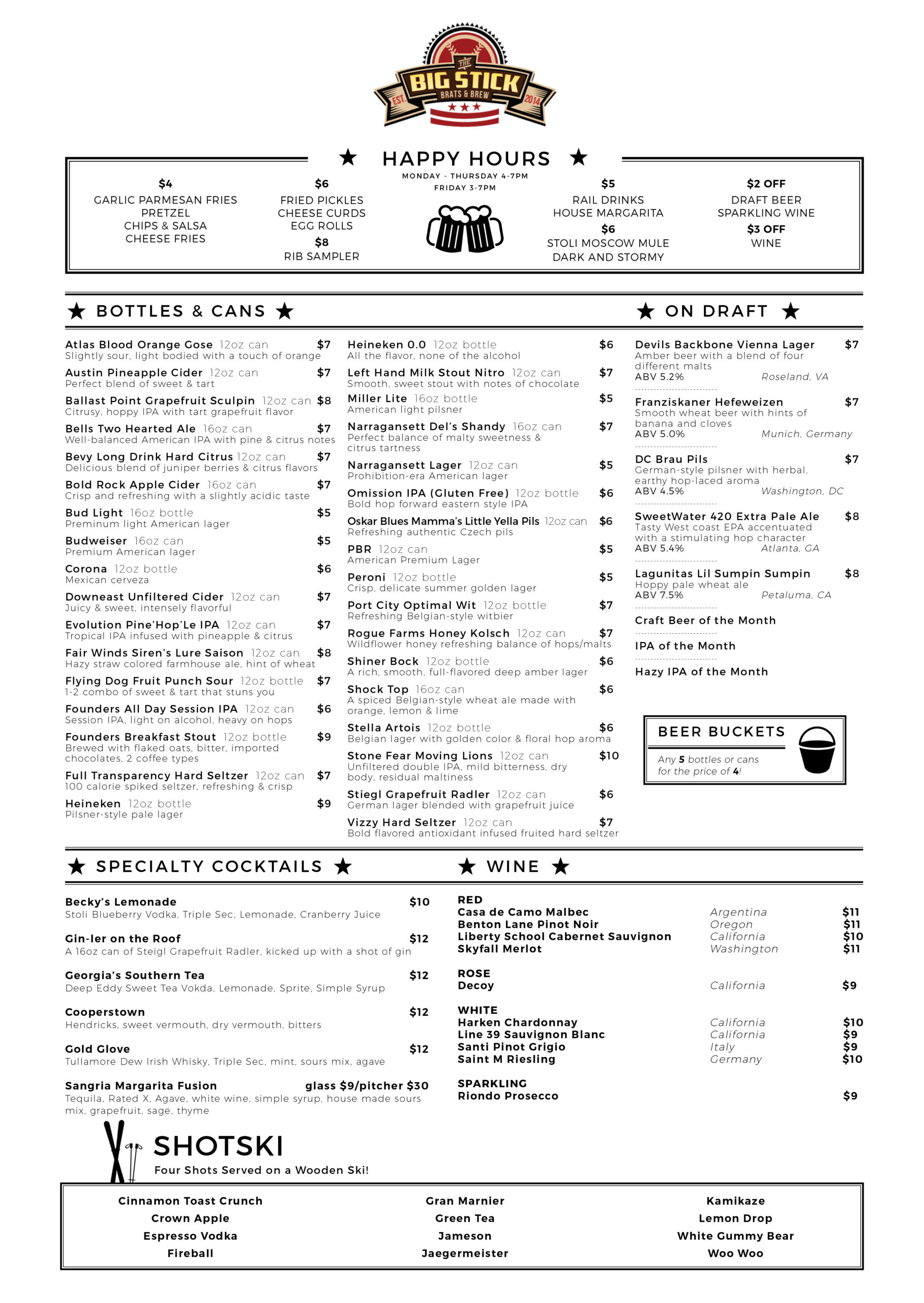 The Big Stick Drink and Happy Hour Menu
